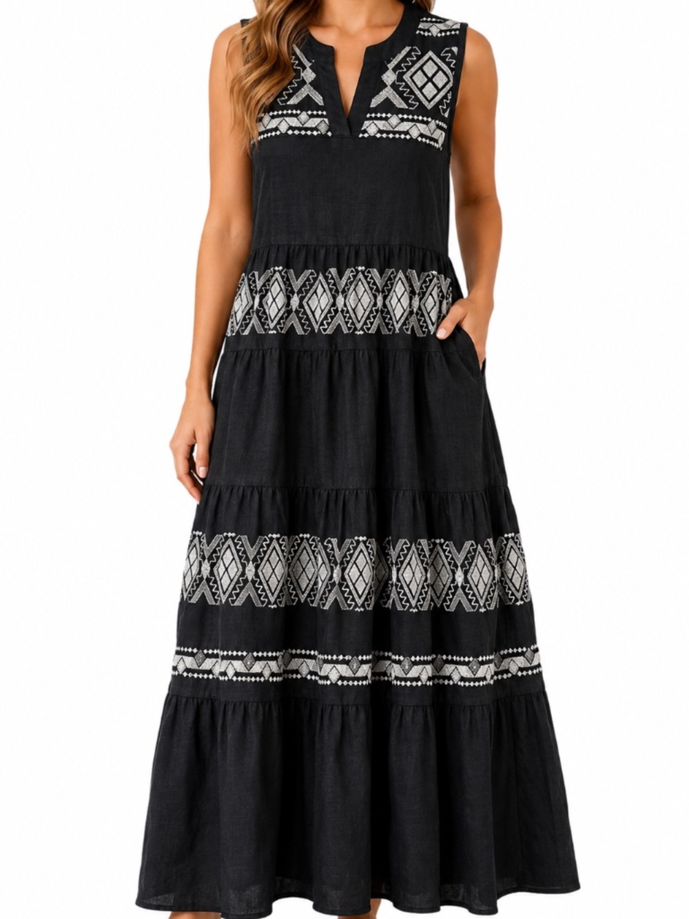 Chico’s Size 1 Black Embroidered Linen Maxi Dress Boho Sleeveless Tiered (US 10)